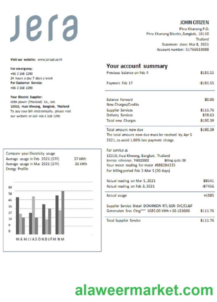 Thailand JERA power utility bill template in Word and PDF format